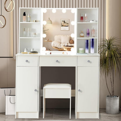 Schminktisch mit Beleuchtung, Spiegel, Hocker, MDF, Weiß, 100x40x140cm