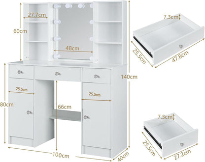 Schminktisch Beleuchtung 3 Lichtmodi Spiegel Hocker 100x40x140cm