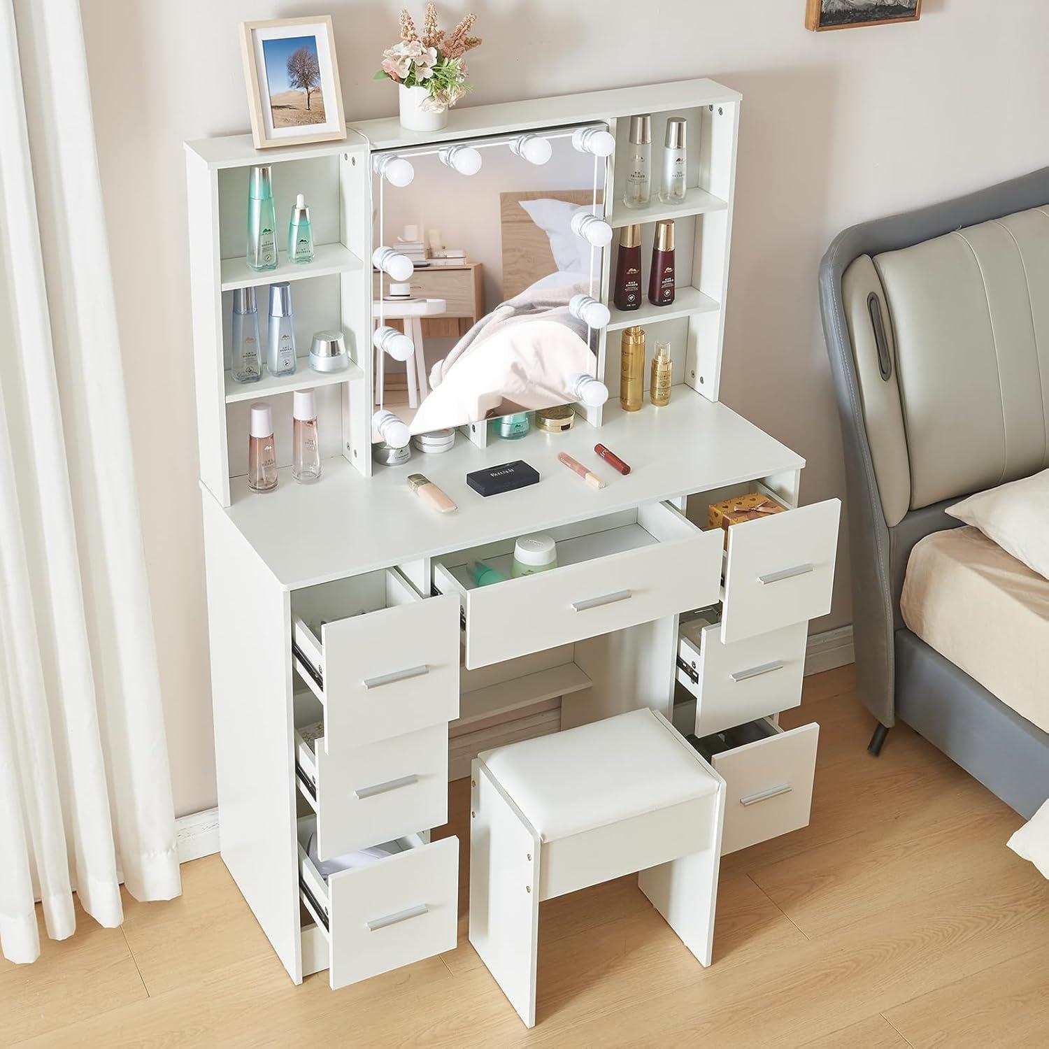 Schminktisch mit Spiegel und Hocker, dimmbar, 7 Schubladen, 8 Fächer