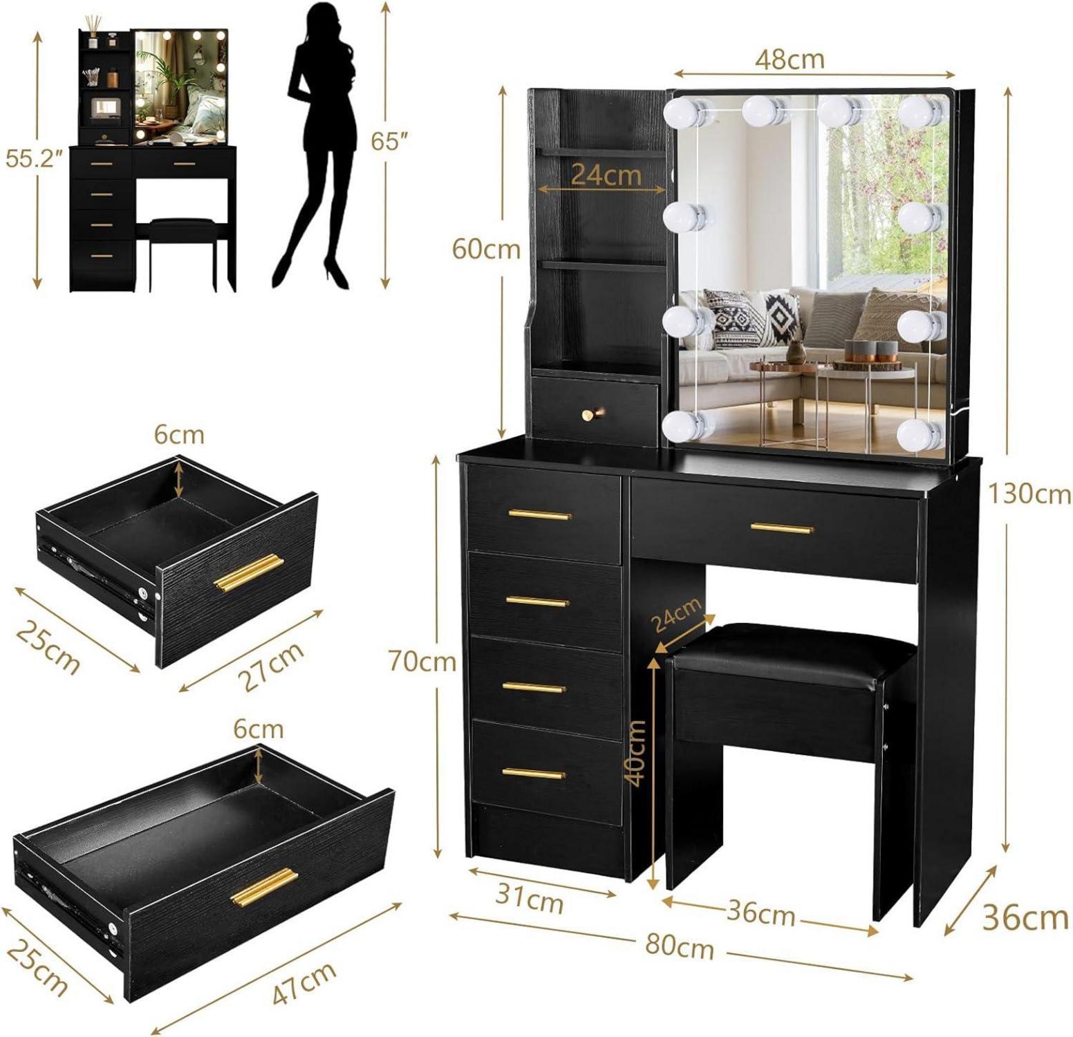 Saimeihome Schminktisch Beleuchtung Hocker Schwarz 80x36x130CM