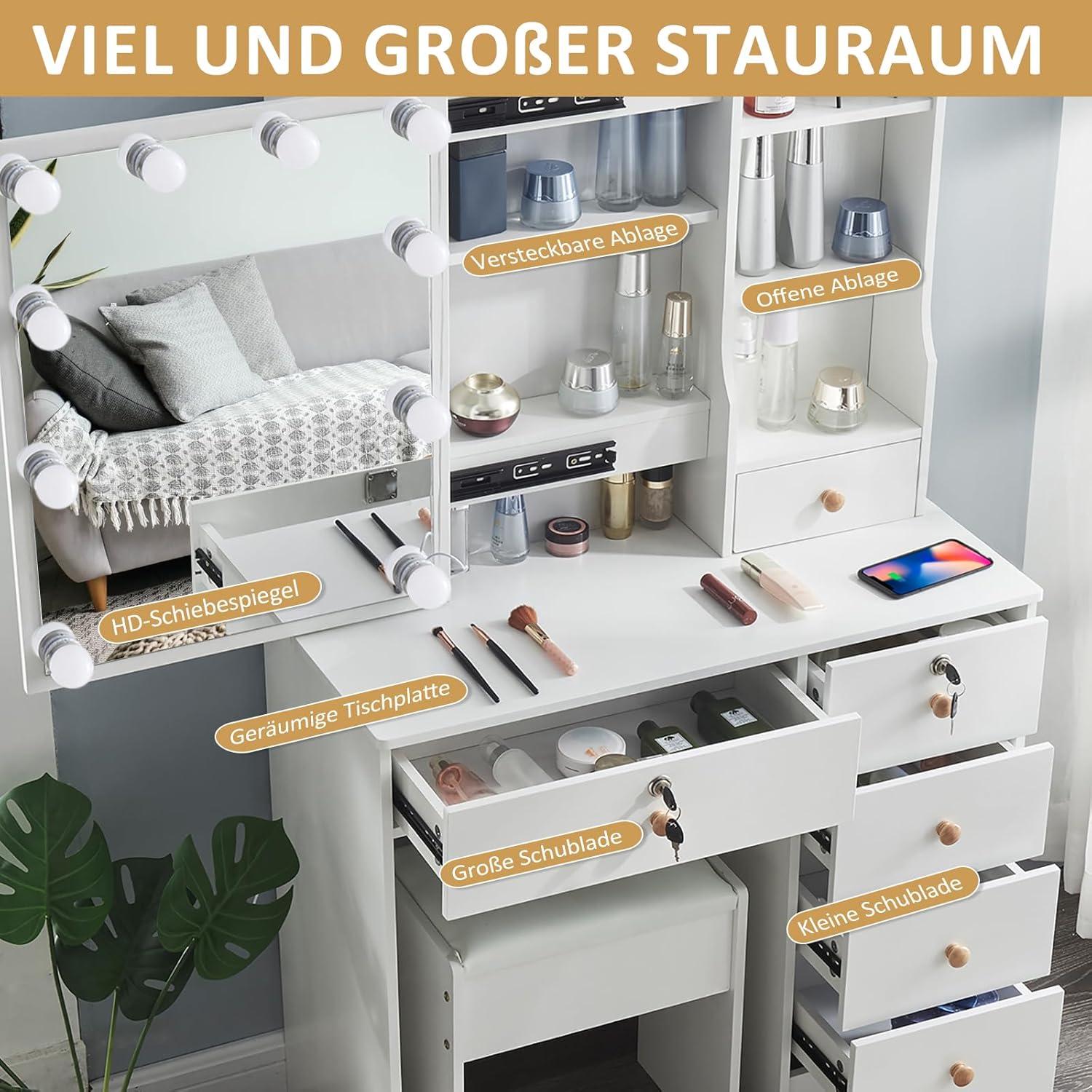 Schminktisch mit Hocker und Beleuchtung, 3 Lichtmodi, 6 Schubladen, 6 Ablagefächer, 80x36x130cm