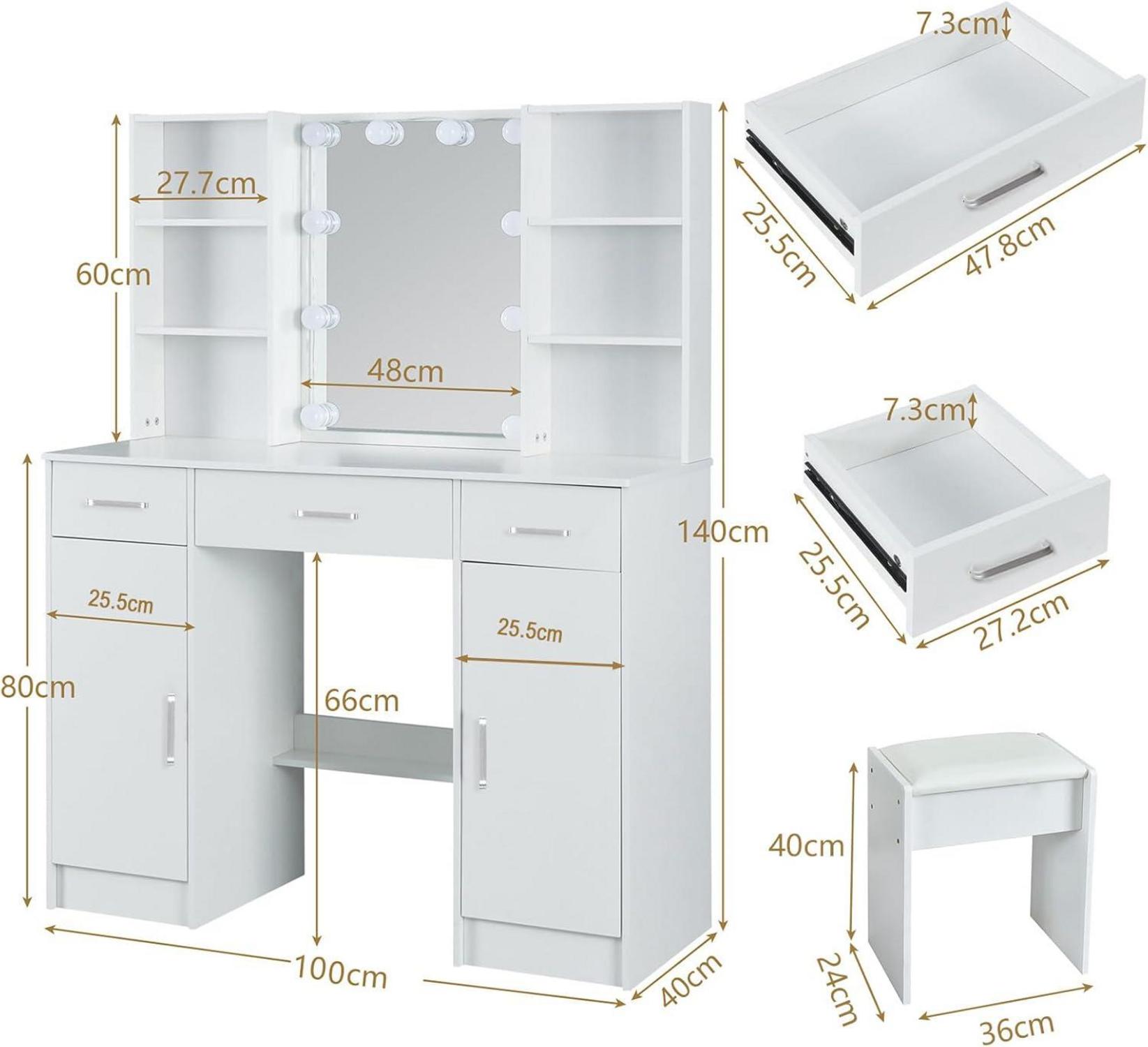 Schminktisch mit LED-Beleuchtung Spiegel Hocker Ablage Weiß 100x40x140cm