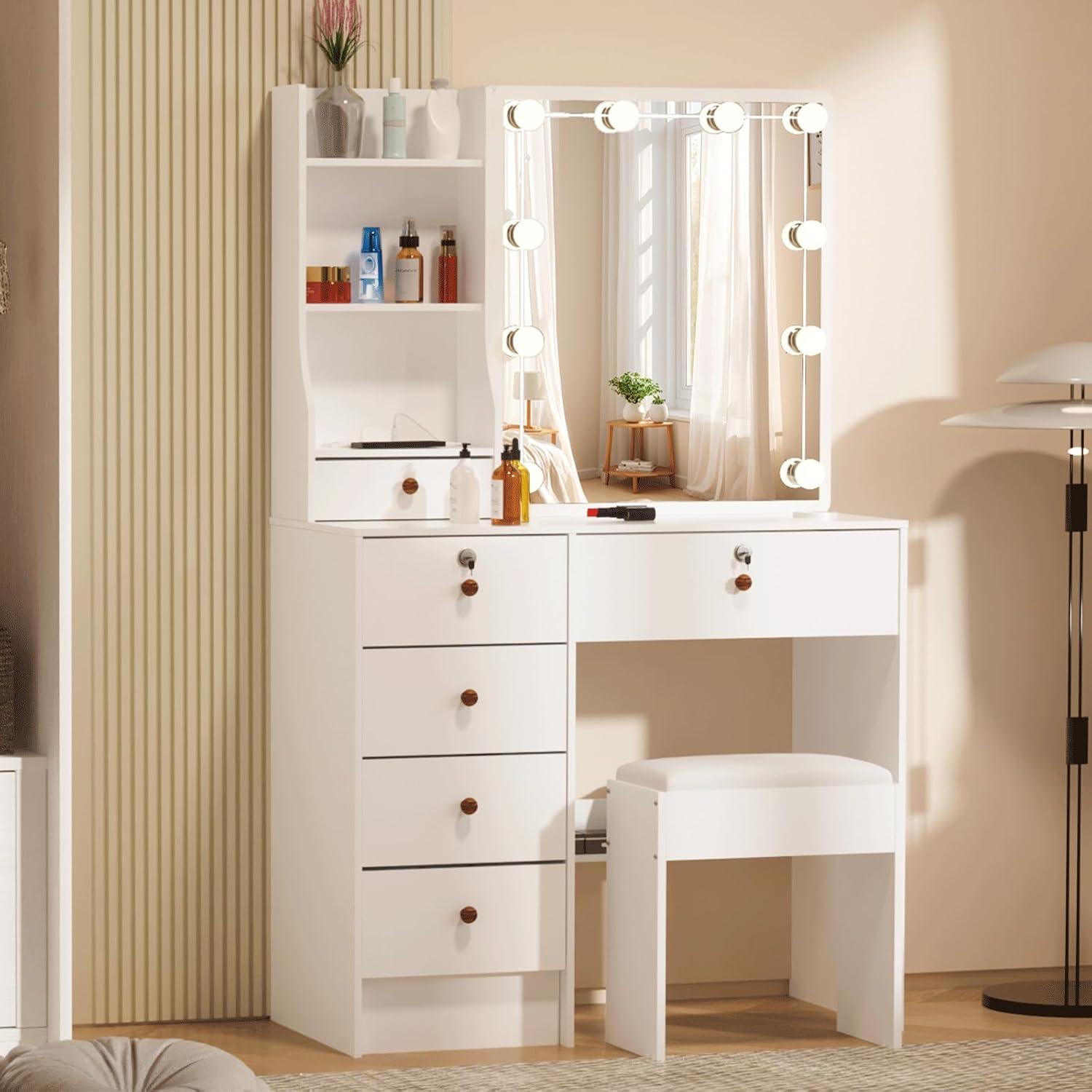 Schminktisch mit Beleuchtung und Hocker, modernes Design, 10 Lampen