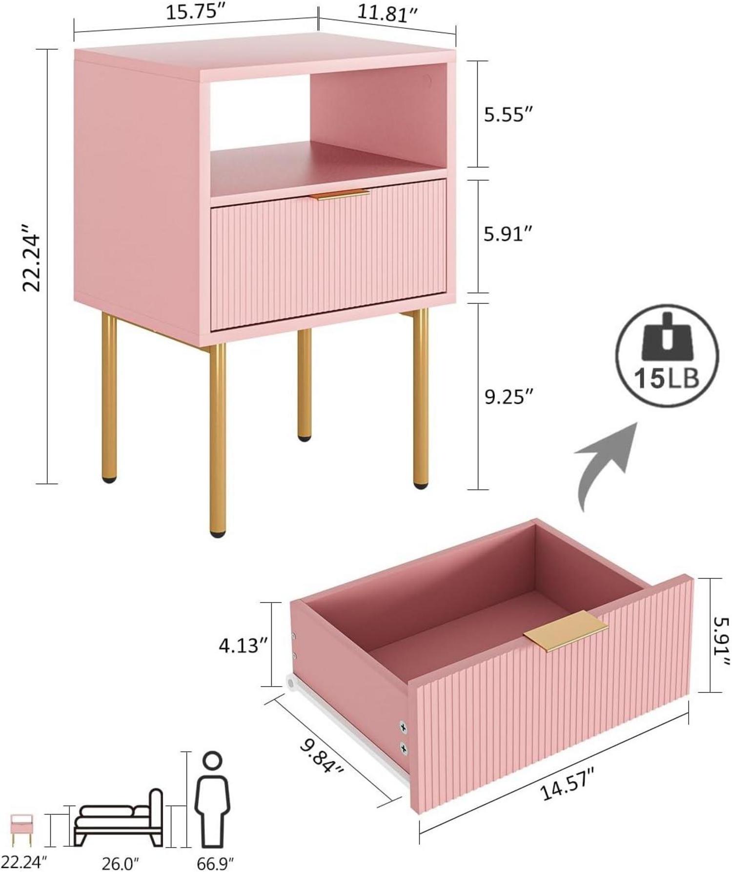 Boho Nachttisch mit offener Ablage und Schublade, Rosa/Rosa