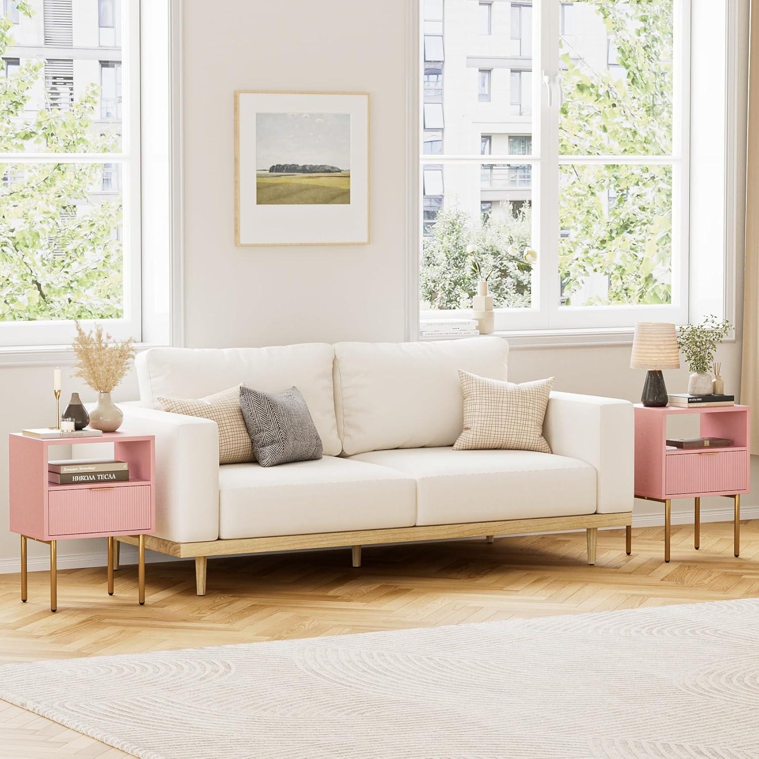 Nachttisch Rose Gold mit Schublade und Regalboden, Modernes Nachtschränkchen