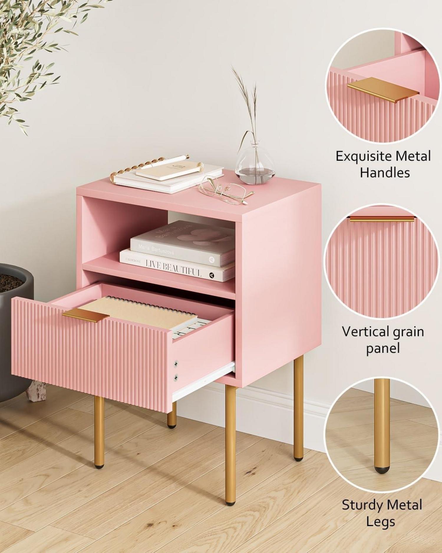 Nachttisch mit offener Ablage und Schublade, Modern, Boho, Rosa