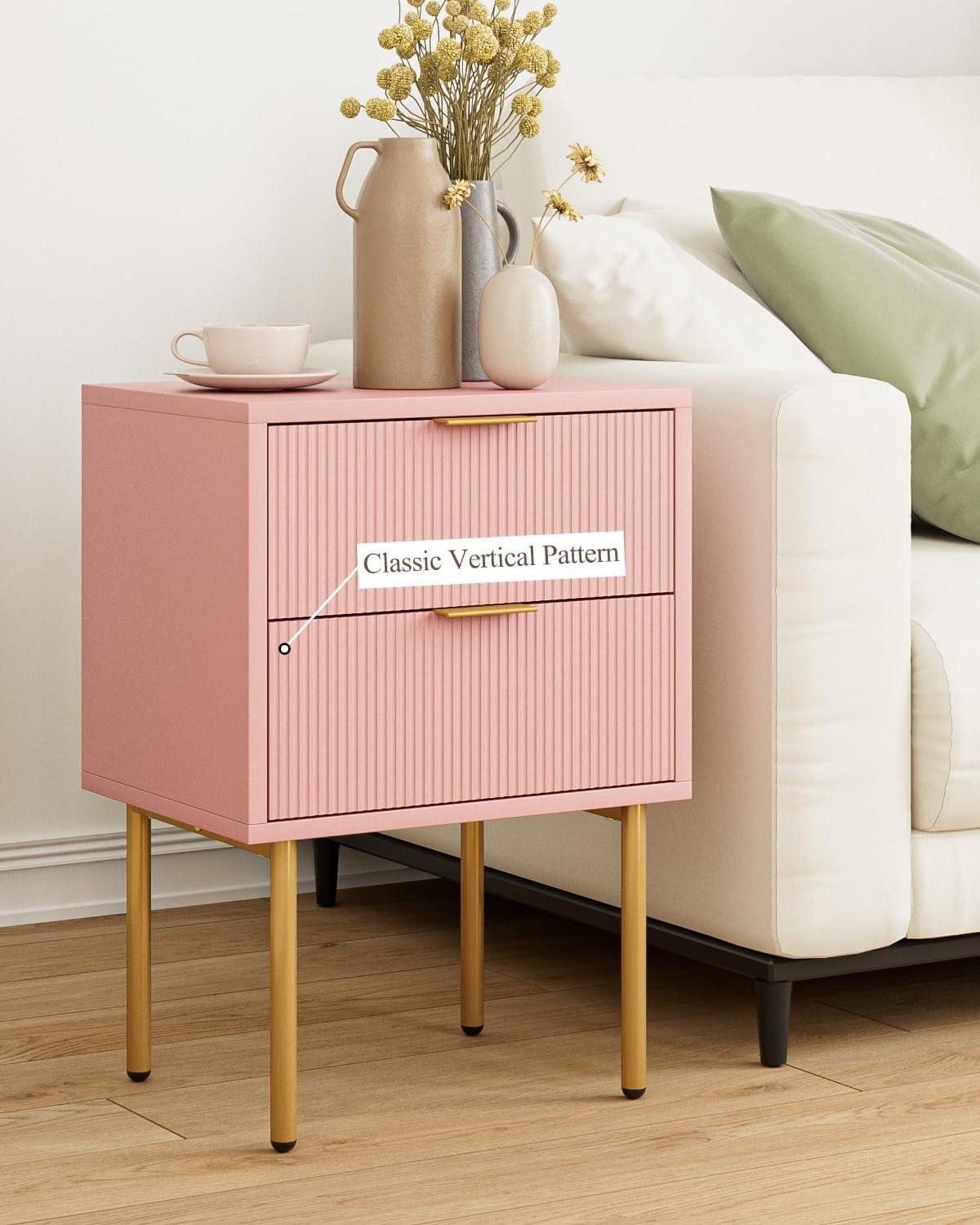 Nachttisch mit Schubladen, Modernes Nachtkästchen, Boho Design, Rosa