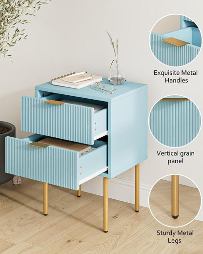HEYZOEY Nachttisch Blau mit 2 Schubladen und goldenen Metallbeinen
