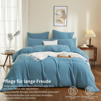 Doppelte Muslin Bettwäsche 220x240 Petrol – 3-teilig & Atmungsaktiv
