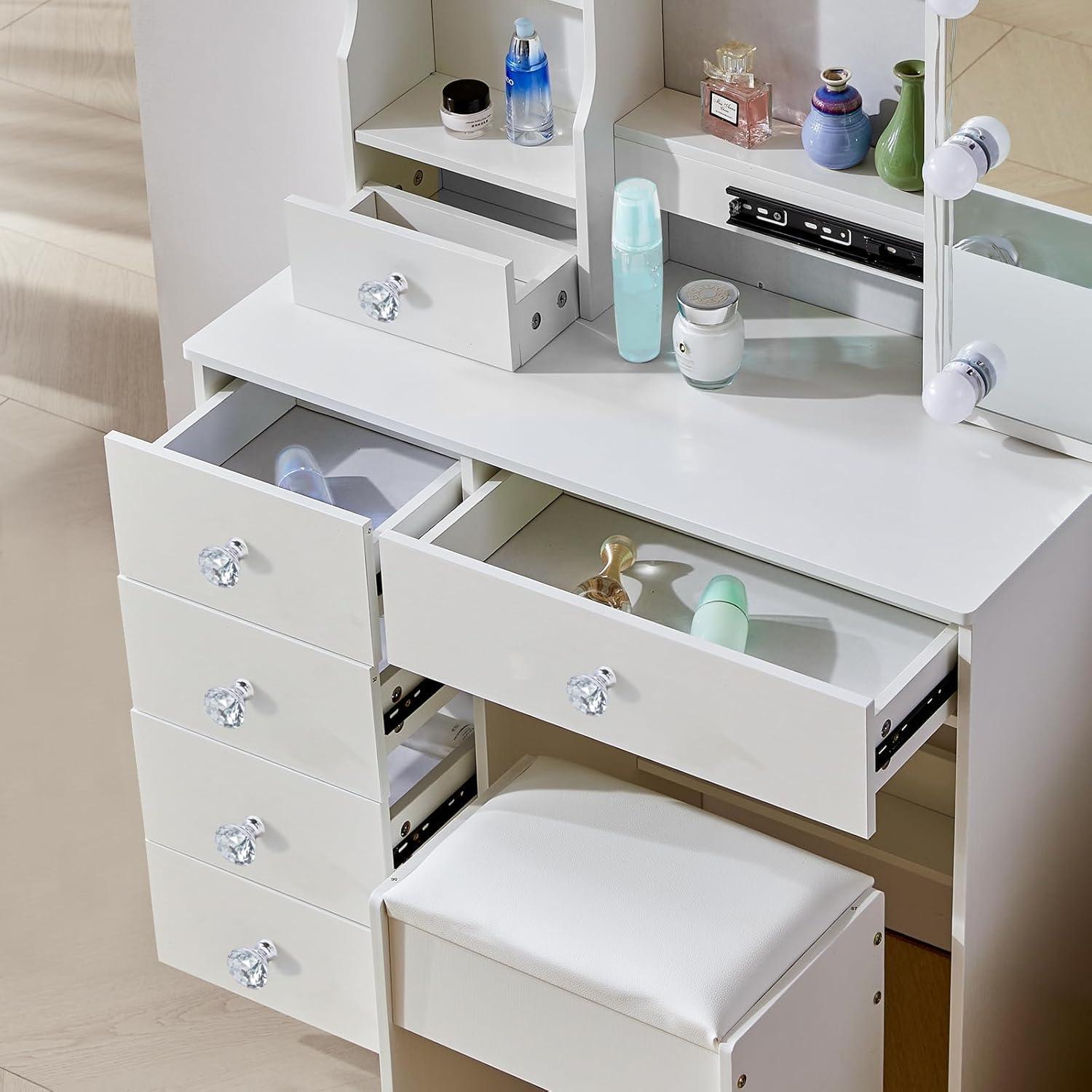 Buildonely Schminktisch mit Hocker LED Beleuchtung 6 Schubladen