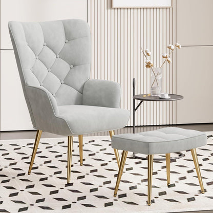 Loungesessel mit Hocker, Samt Grau – Modernes Wohnzimmer Sofa