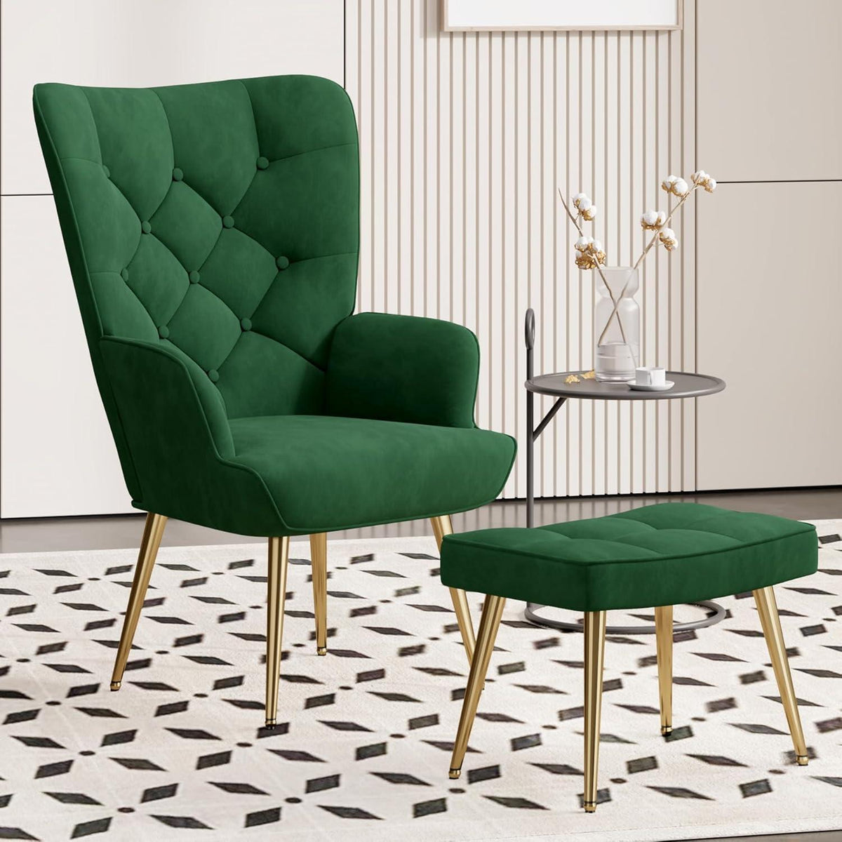 Modernes Relaxsessel mit Hocker, Samt, Grün