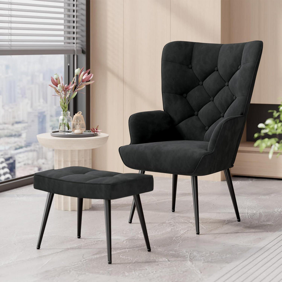 Loungesessel Schwarz mit Hocker – Modernes Samt Relax Sofa