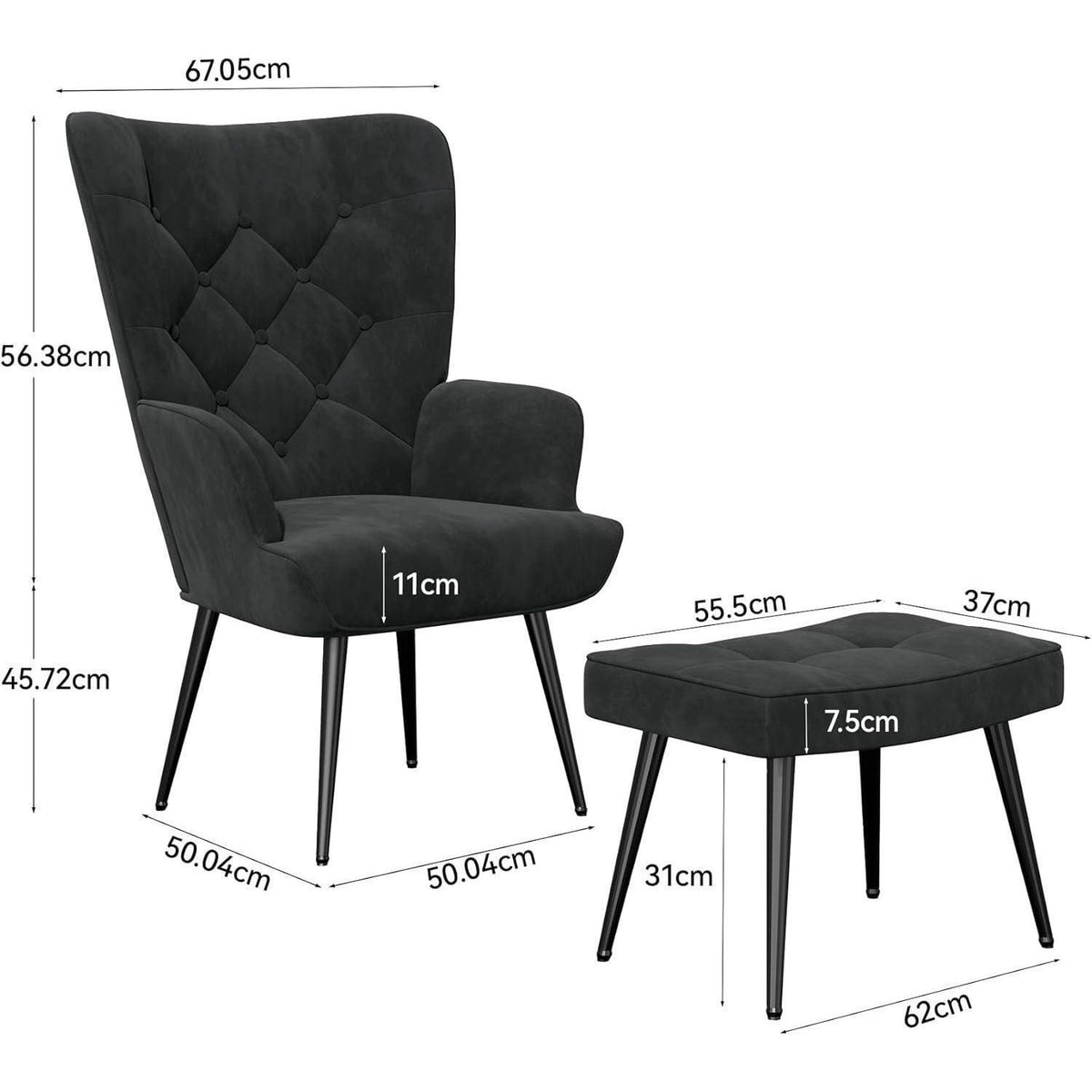 Loungesessel Schwarz mit Hocker – Modernes Samt Relax Sofa