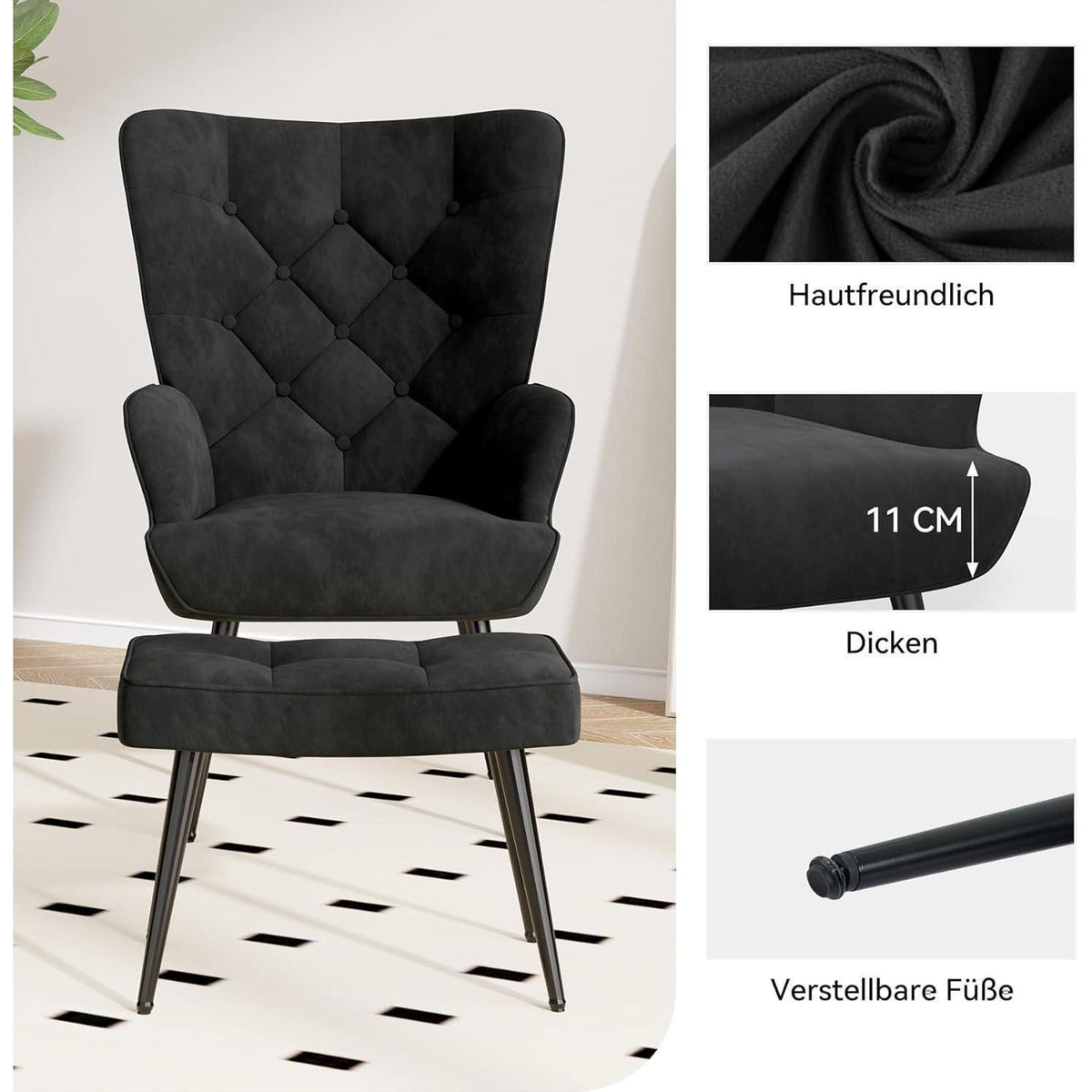 Loungesessel Schwarz mit Hocker – Modernes Samt Relax Sofa