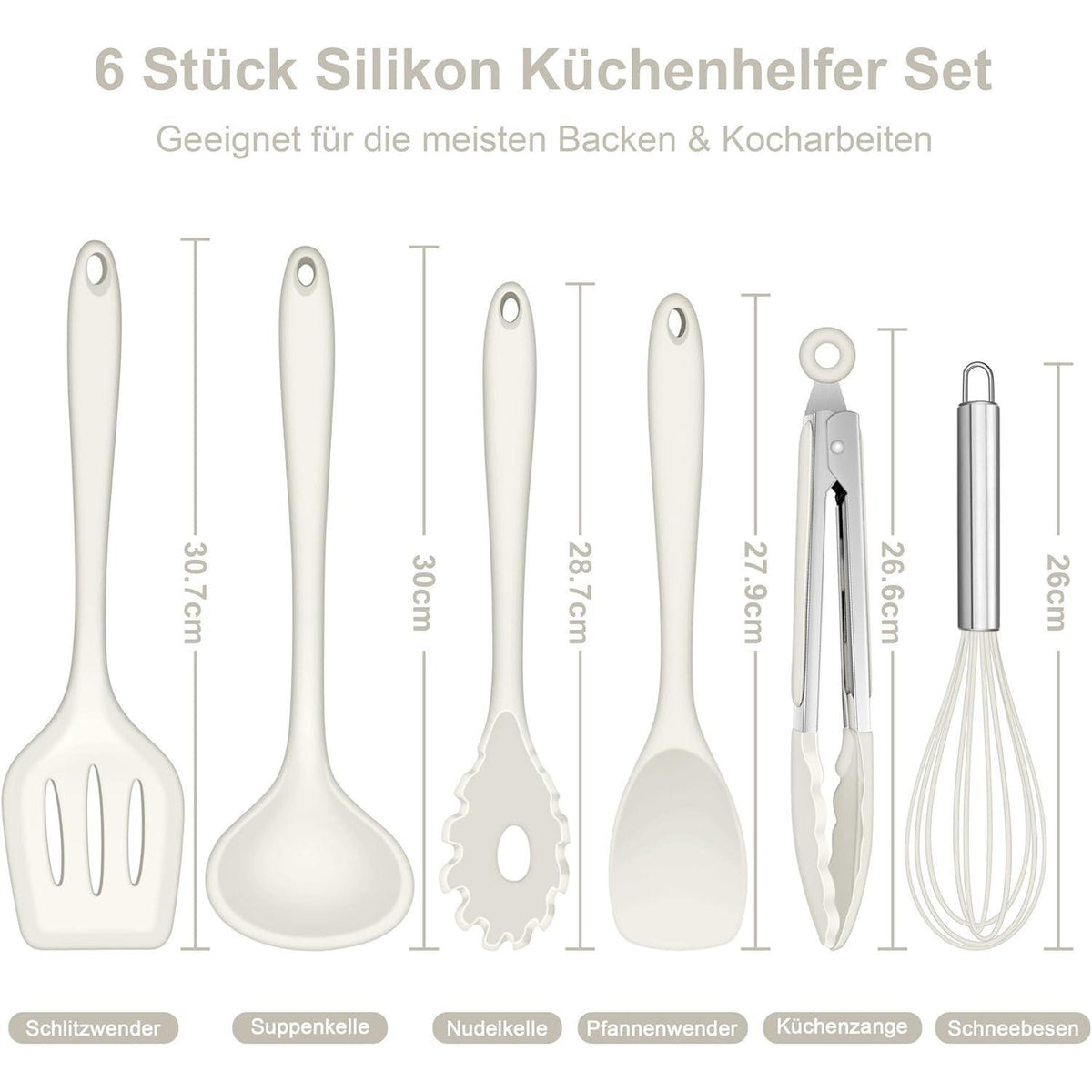 Silikon Küchenhelfer Set 6-teilig, Antihaft & Hitzebeständig, Weiß