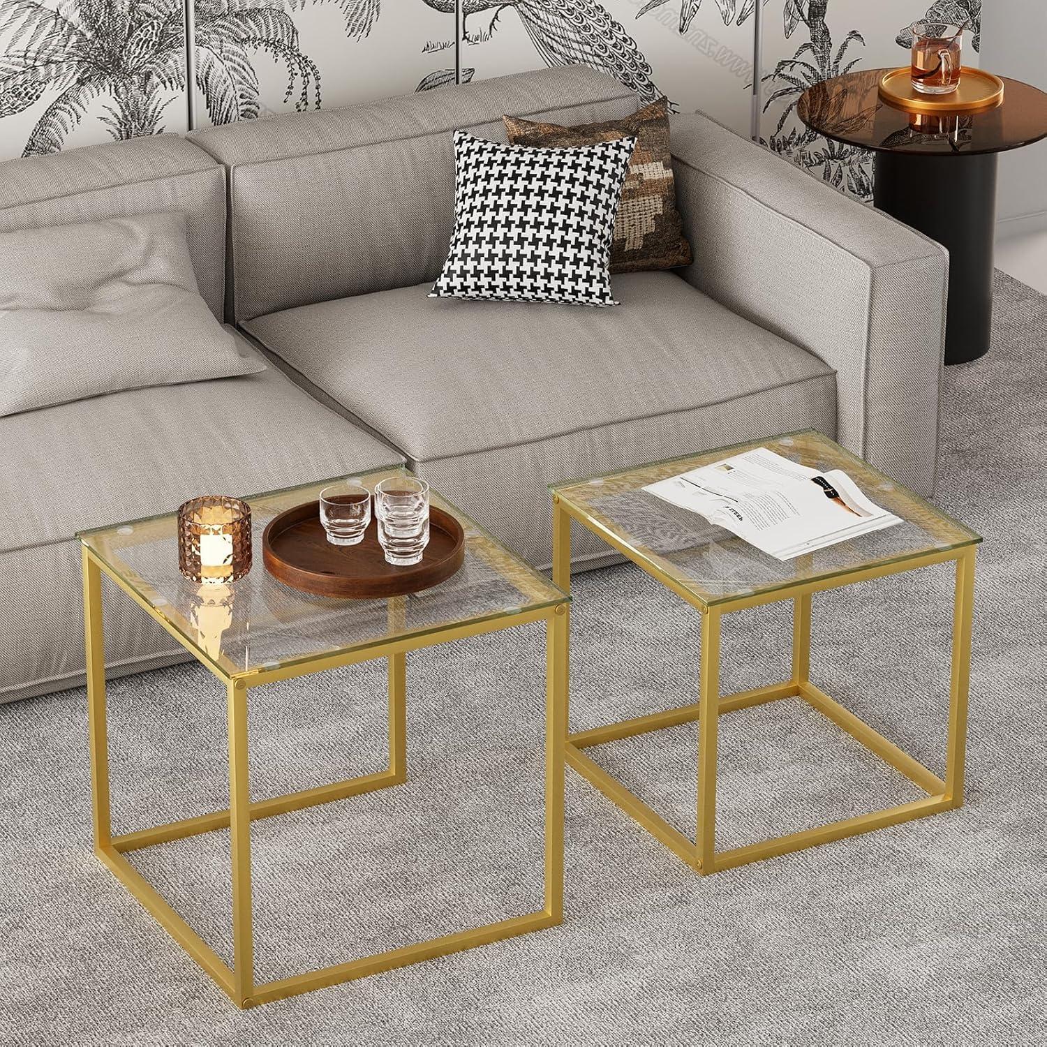 Quadratischer Couchtisch 2er Set aus Glas Gold 50/45 cm