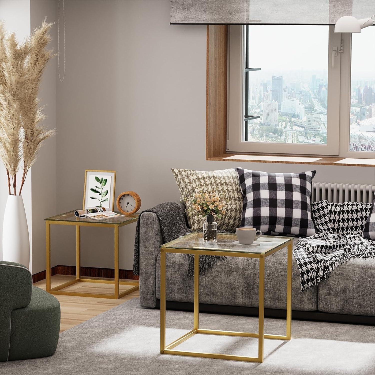 Moderne Quadratische Glas Couchtische Set Gold 50/45 cm