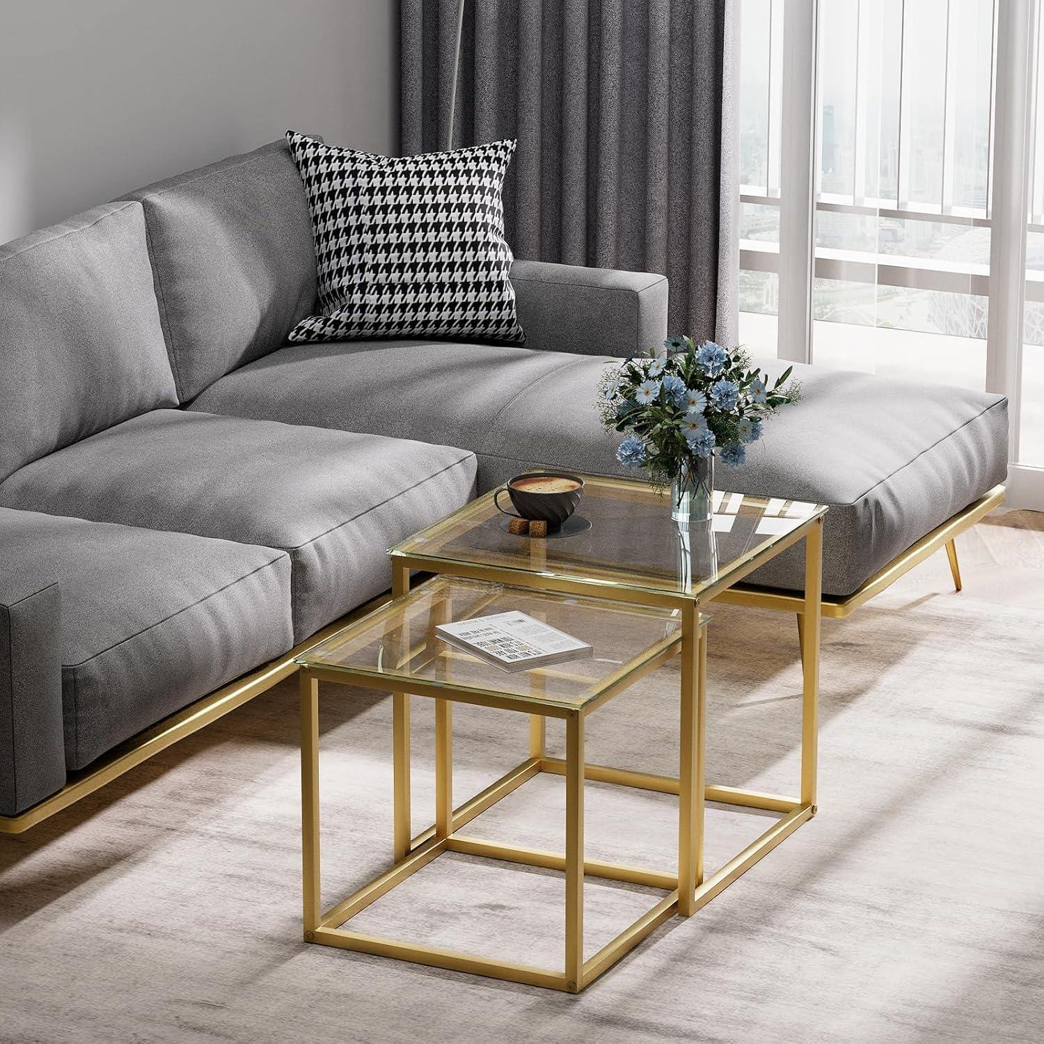Moderne Quadratische Glas Couchtische Set Gold 50/45 cm