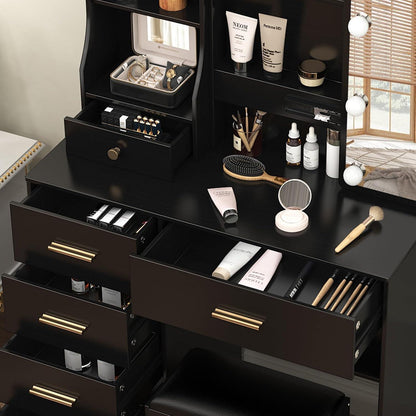 Make-up Schminktisch mit LED-Beleuchtung und Spiegel, Schwarz