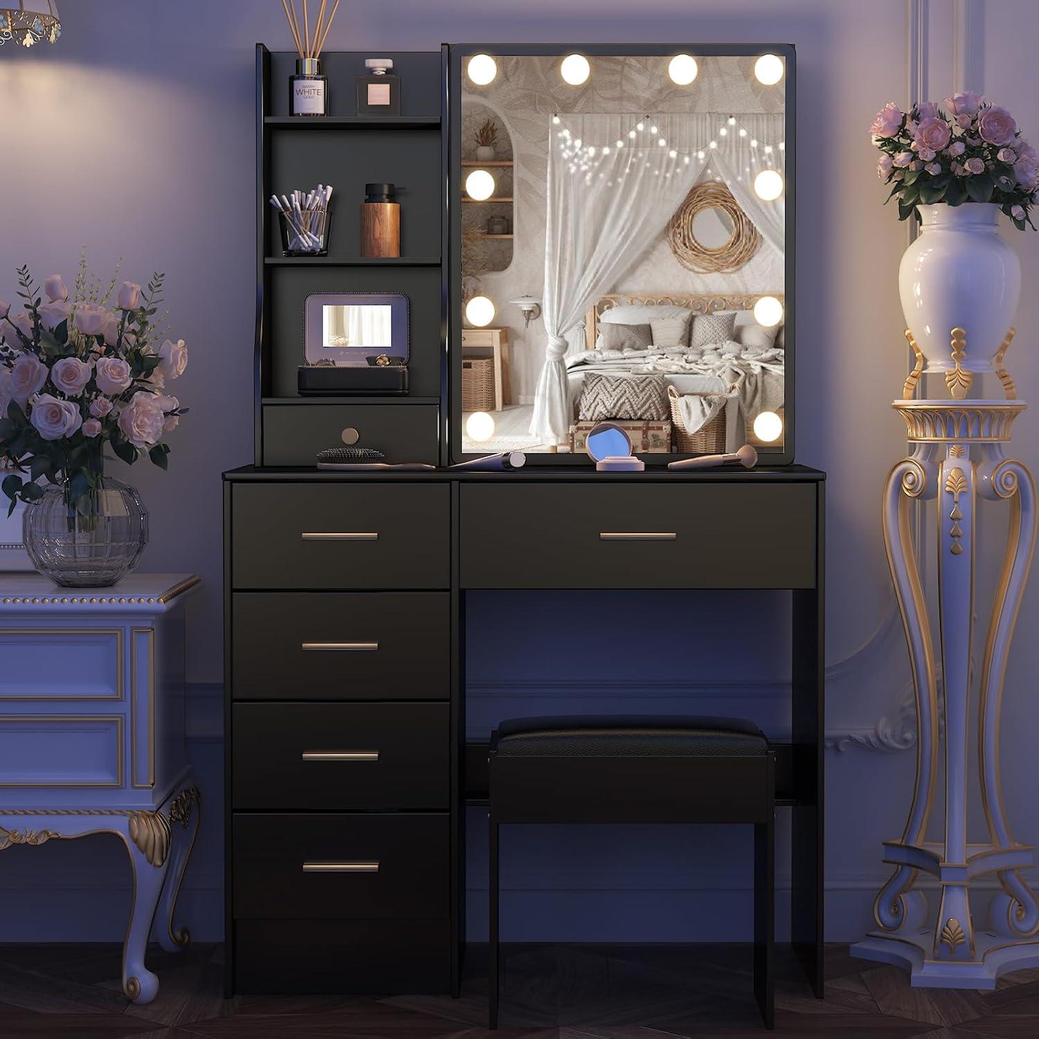 Make-up Schminktisch mit LED-Beleuchtung und Spiegel, Schwarz
