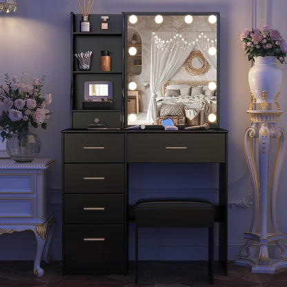 Make-up Schminktisch mit LED-Beleuchtung und Spiegel, Schwarz