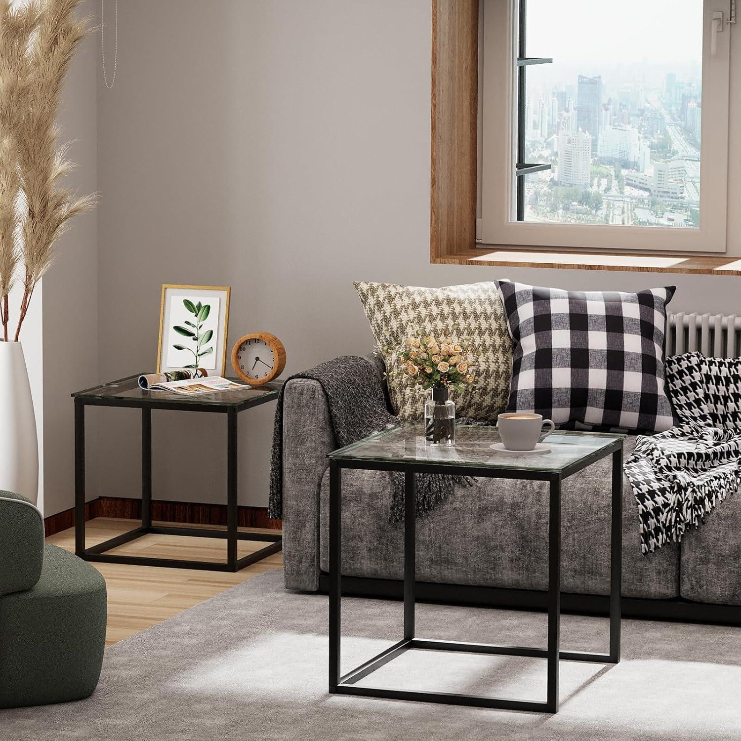 Quadratischer Glas Couchtisch-Set: Modern, Schwarz, 50/45 cm