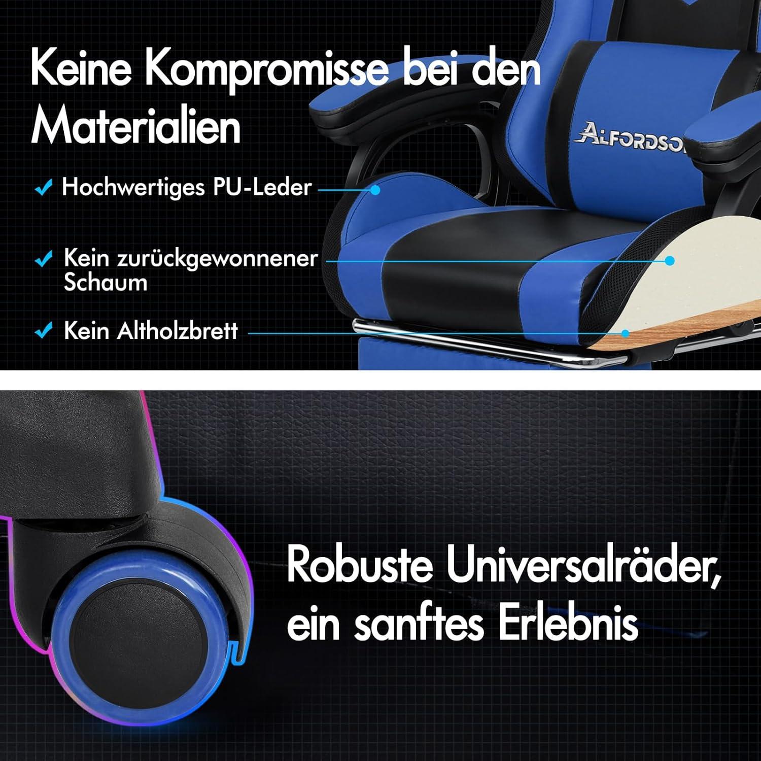 Ergonomischer Gamer Stuhl mit Massagefunktion und USB, Blau
