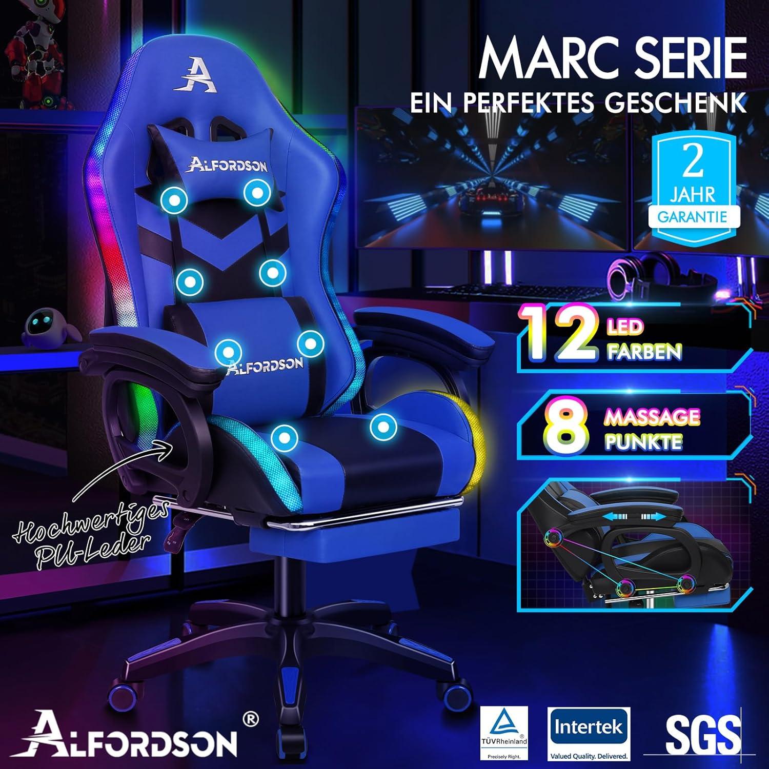 Ergonomischer Gamer Stuhl mit Massagefunktion und USB, Blau