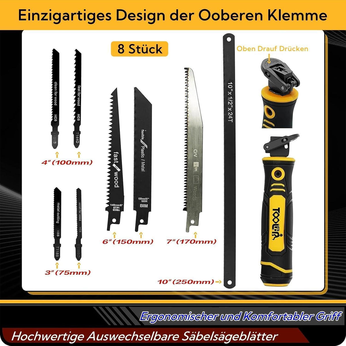 8-in-1 Metallsäge Set mit 8 Sägeblättern, ergonomisch
