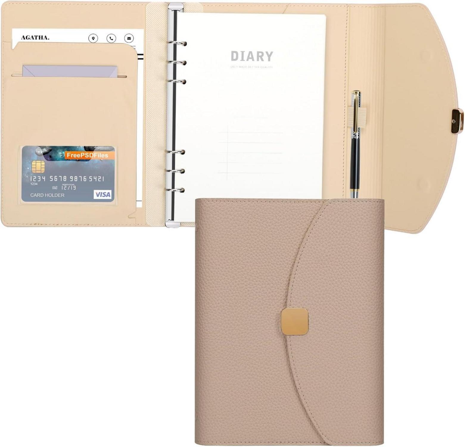 A5 PU Leder Binder Notizbuch 6 Ring Budget Journal PlanerKhaki