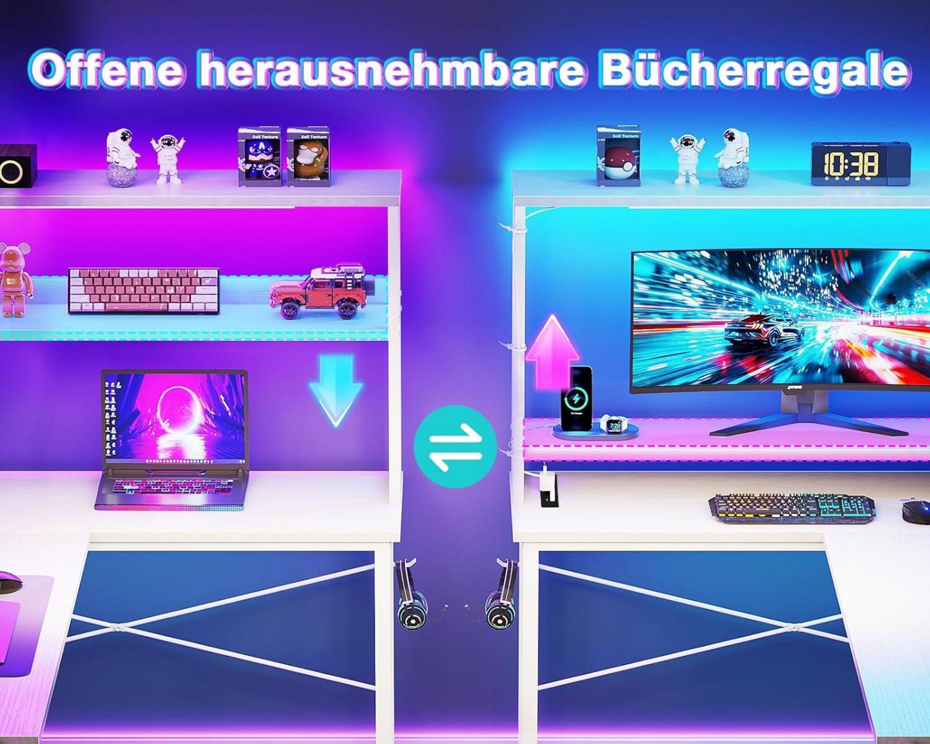 L-förmiger Eckschreibtisch LED Computertisch mit Steckdosen