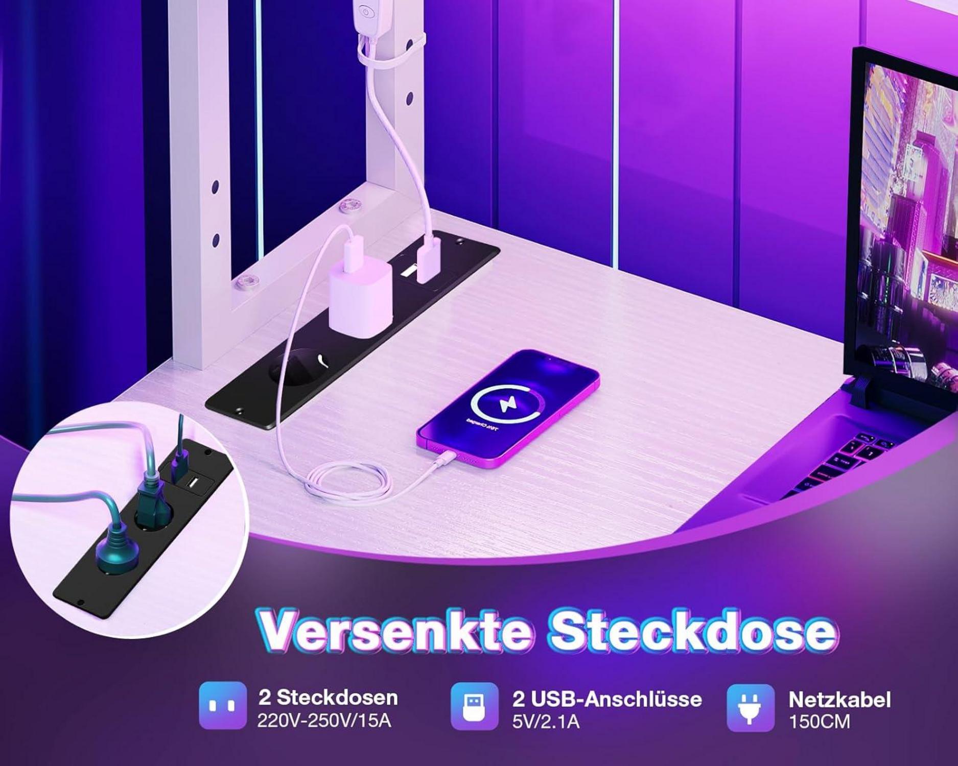 Eckschreibtisch L-förmig mit LED und Steckdosen