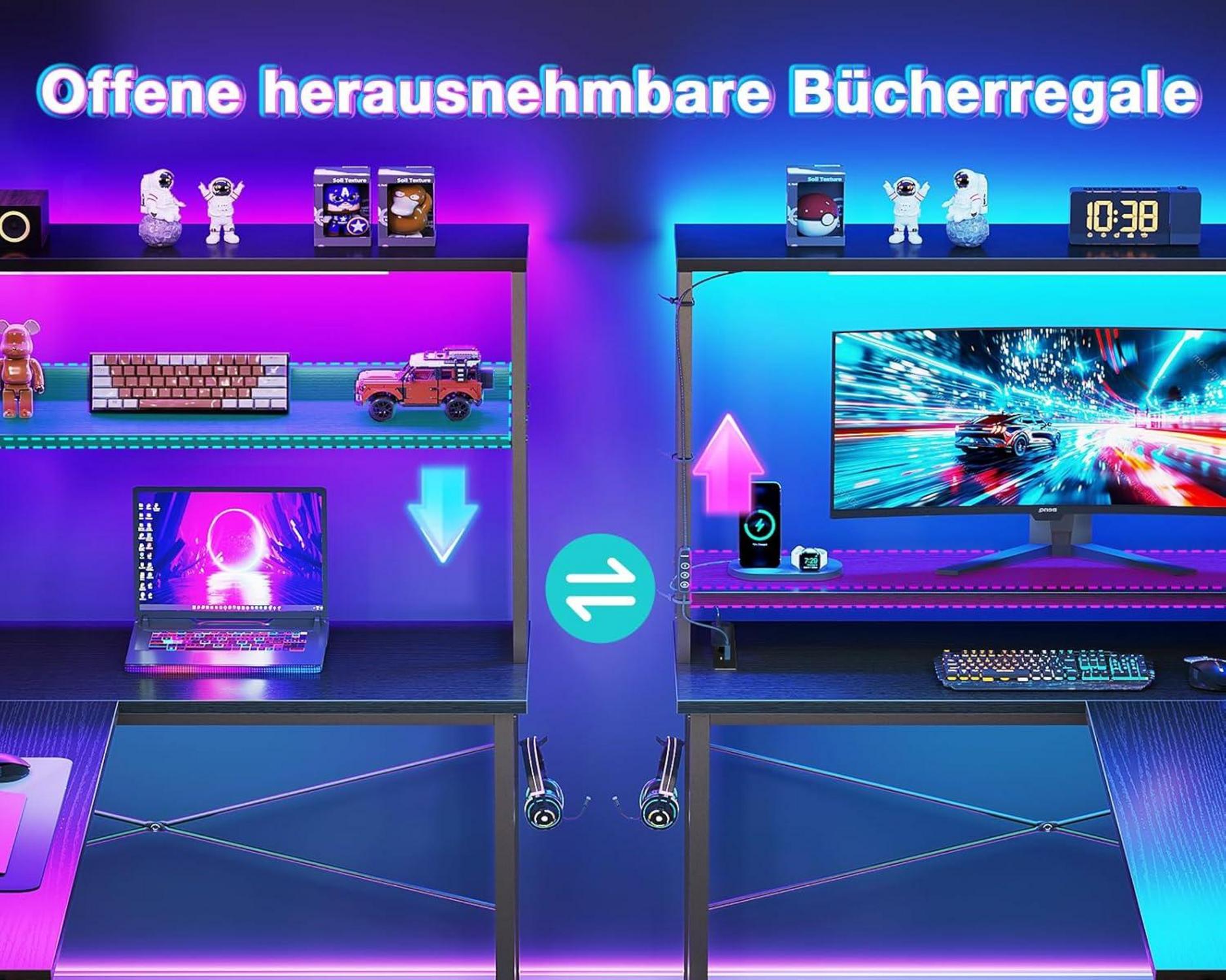 Eckschreibtisch L-förmiger Computertisch LED Steckdosen