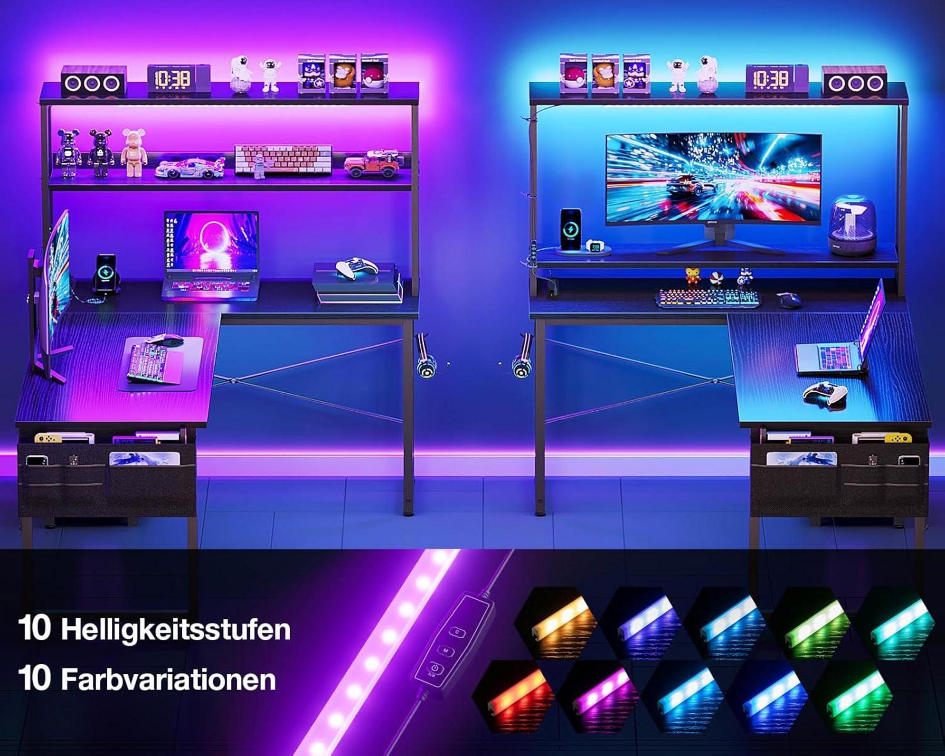 Coleshome Eckschreibtisch L-Form LED Computertisch Steckdosen