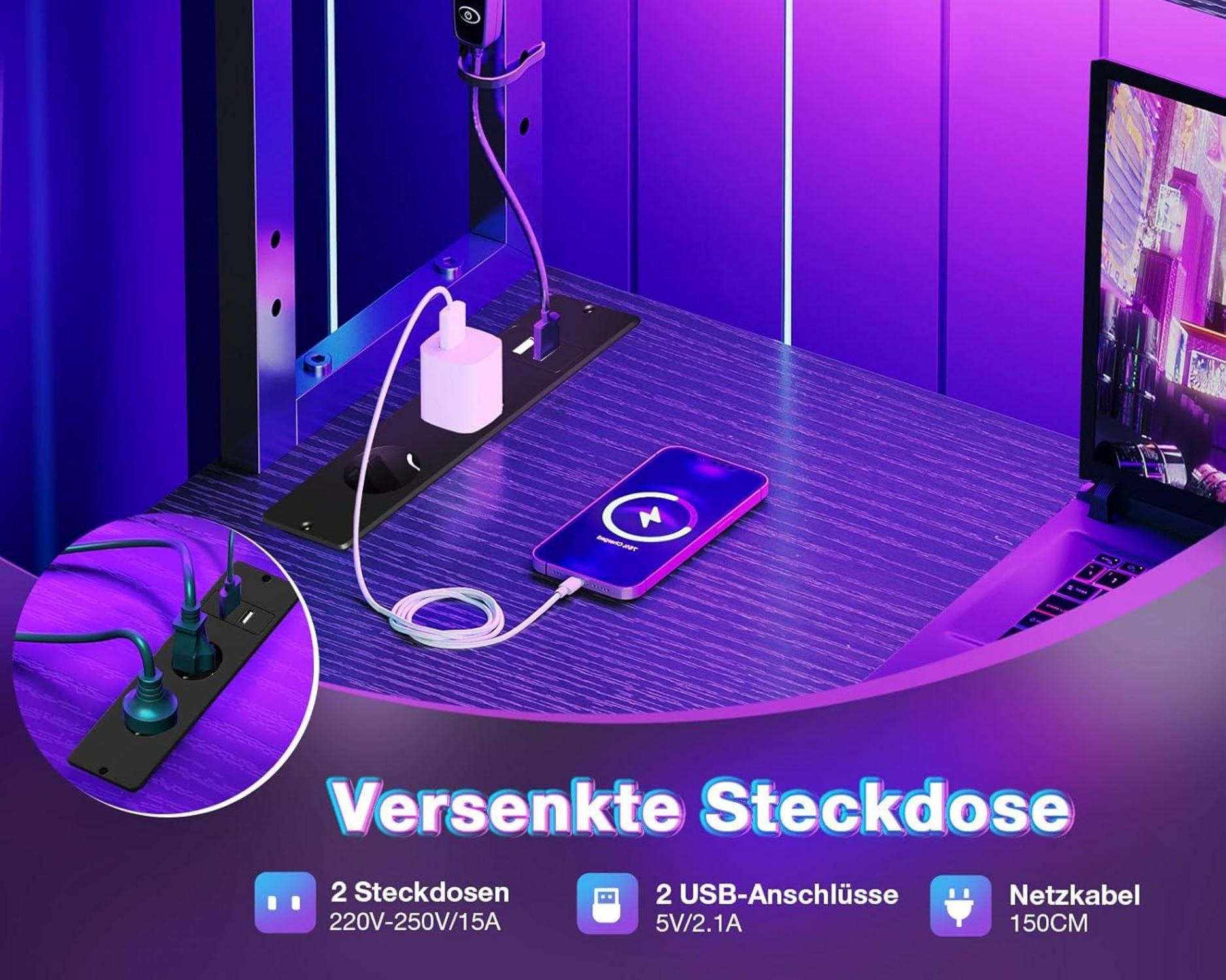 Eckschreibtisch L-förmiger Computertisch mit LED-Beleuchtung und