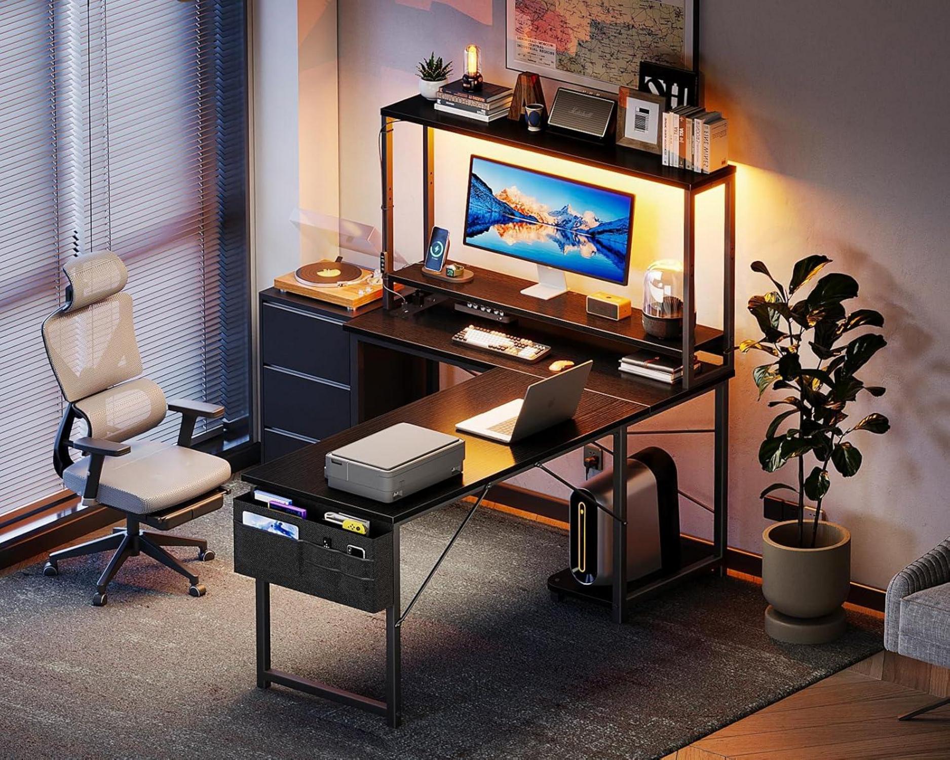 Coleshome Eckschreibtisch L-Form LED Computertisch Steckdosen