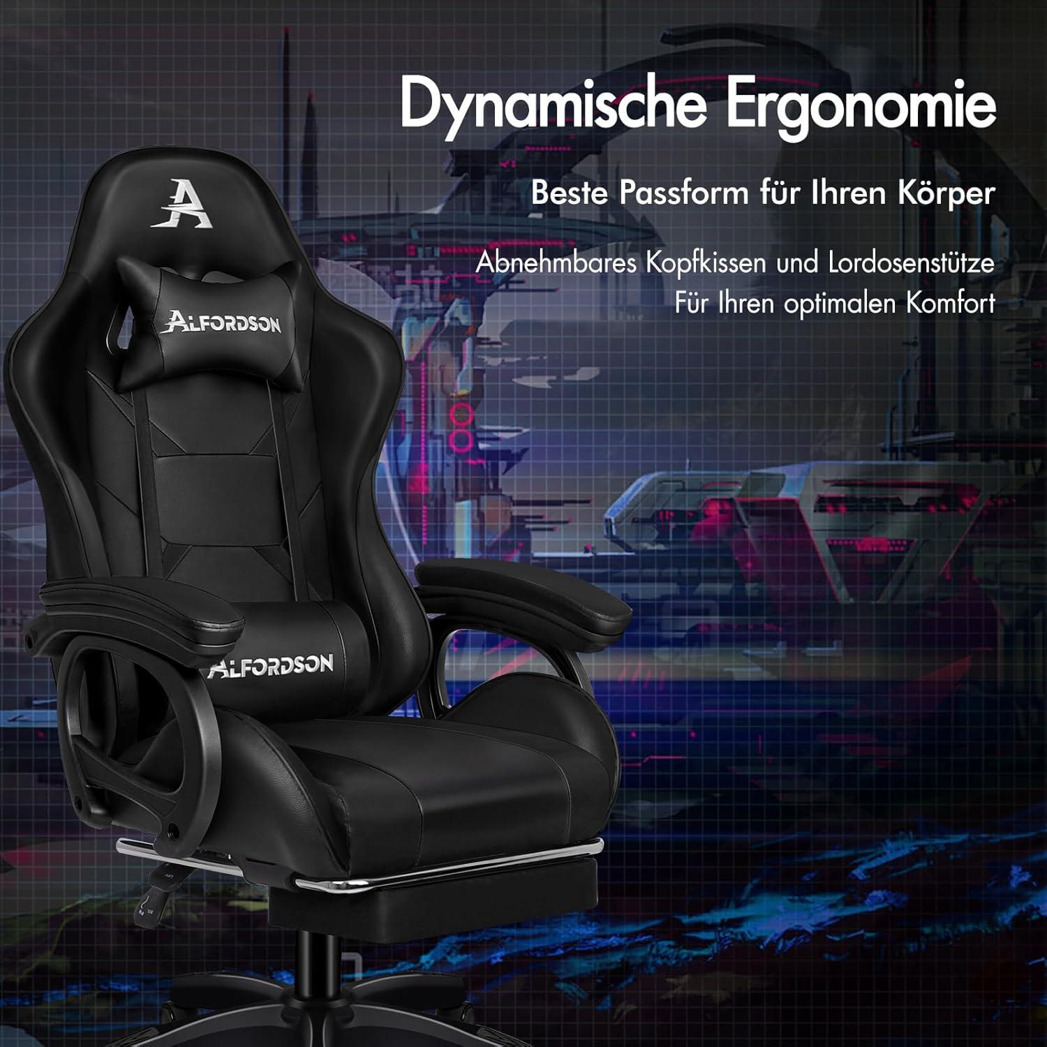 ALFORDSON Massage Gamer Stuhl mit Fußstütze 180kg Schwarz