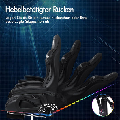 Gaming Stuhl mit Massage Funktion, Fußstütze, 180kg Belastbarkeit, Schwarz