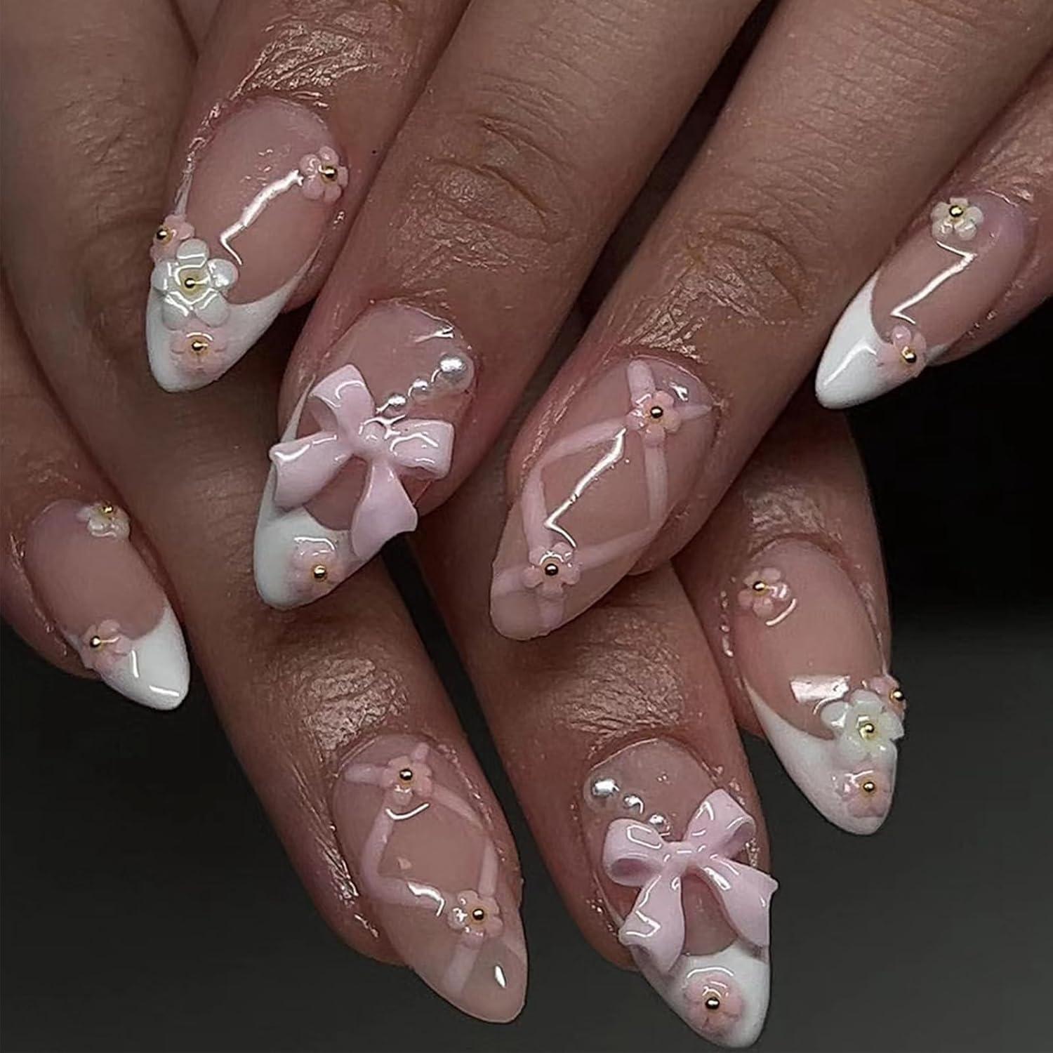 24er Set Weiße Nägel mit Blumen Schleife Muster, Oval Fake Nails
