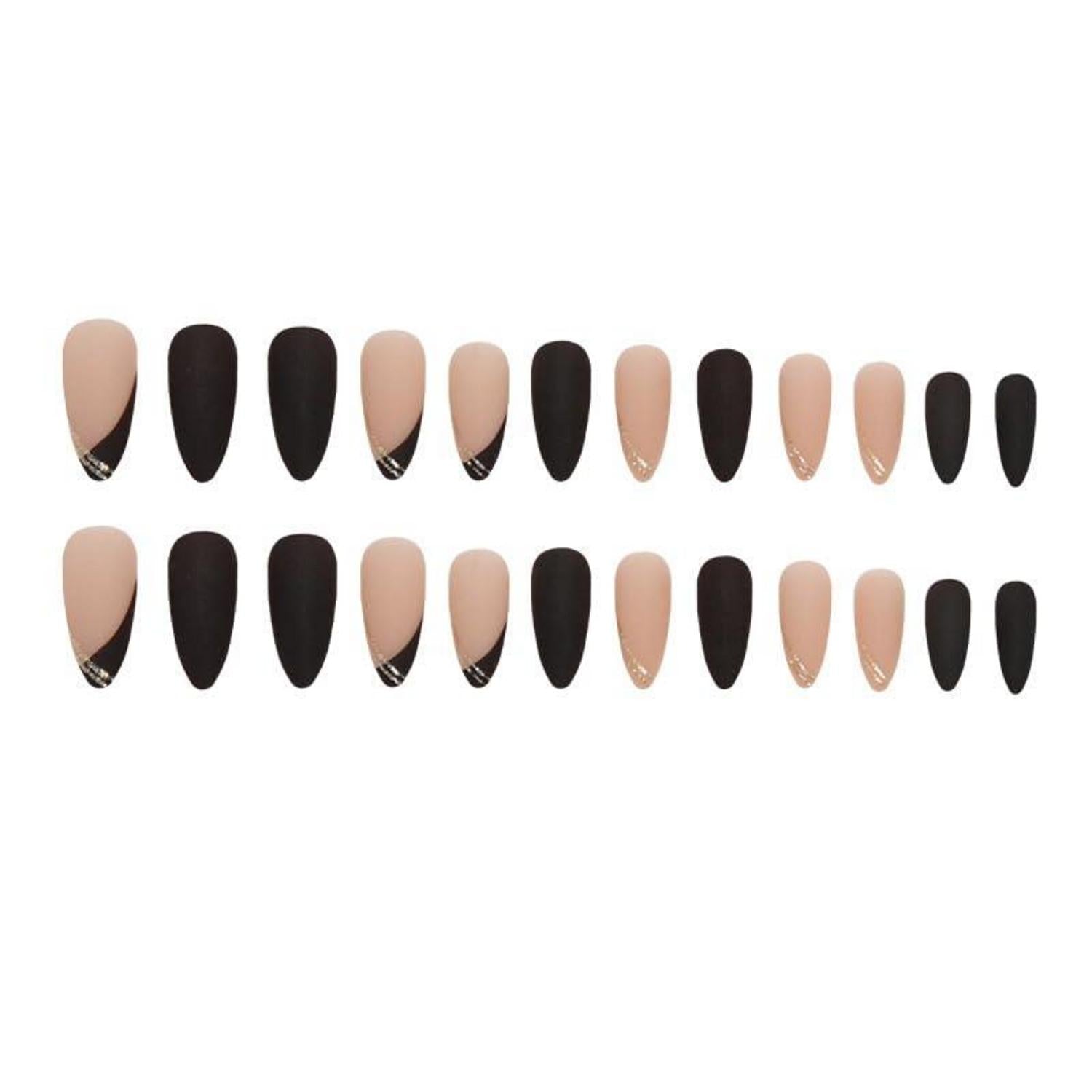 24 Stück Schwarz Matt Nägel Kurz Gold Mandel Muster Oval Kunstnägel Fake Nails