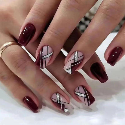 24 Stück Burgundy Glitter Nägel - Aufkleben Kurz Eckig Pattern