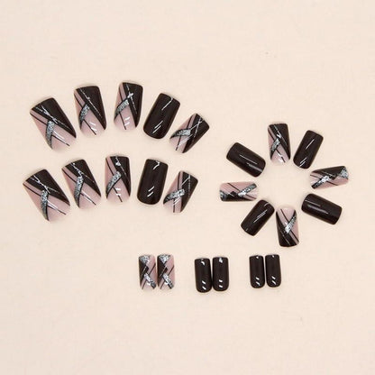 24 Stück Burgundy Glitter Nägel - Aufkleben Kurz Eckig Pattern