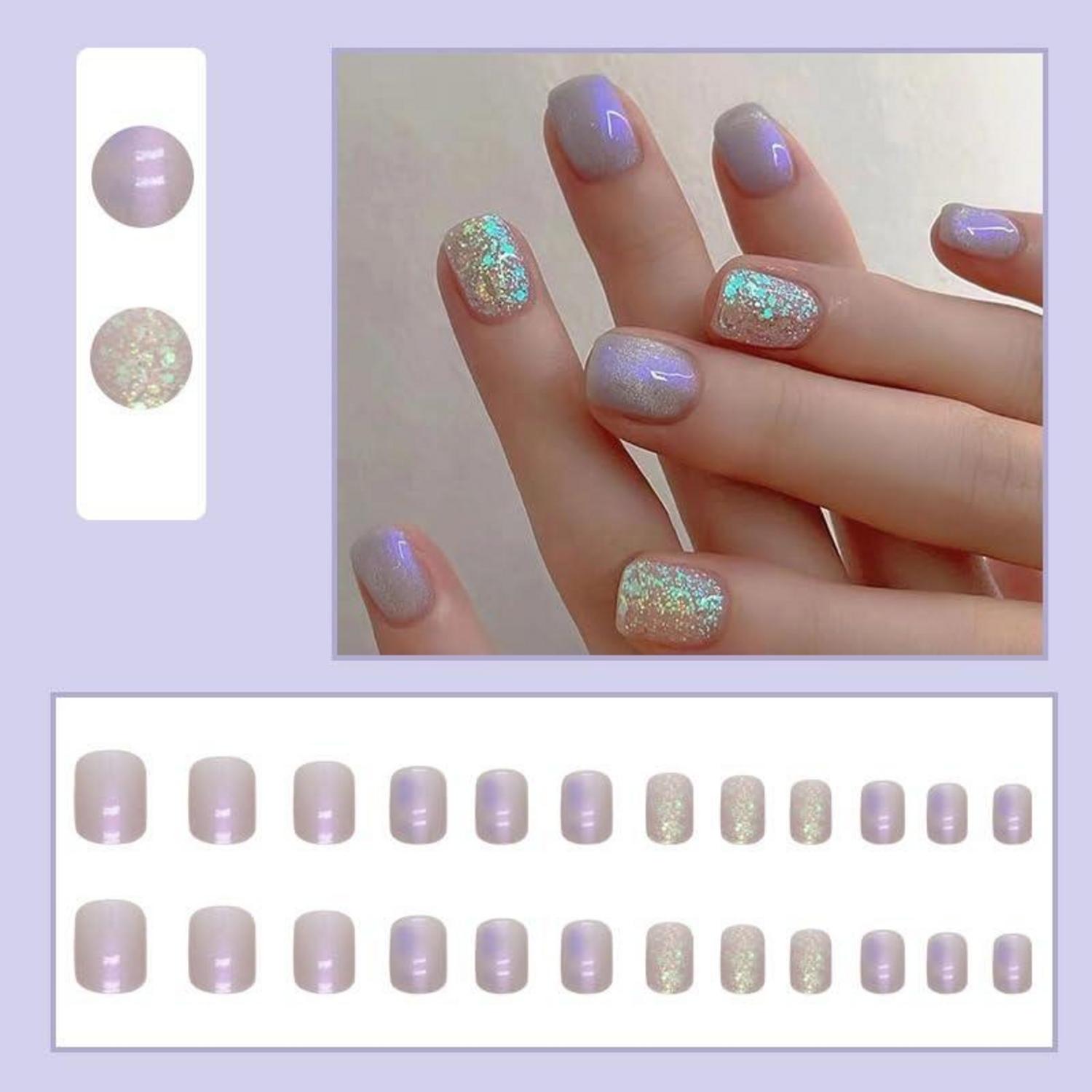 24x Aurora Lila Glitter Nägel zum Aufkleben, Kurz Fake Nails