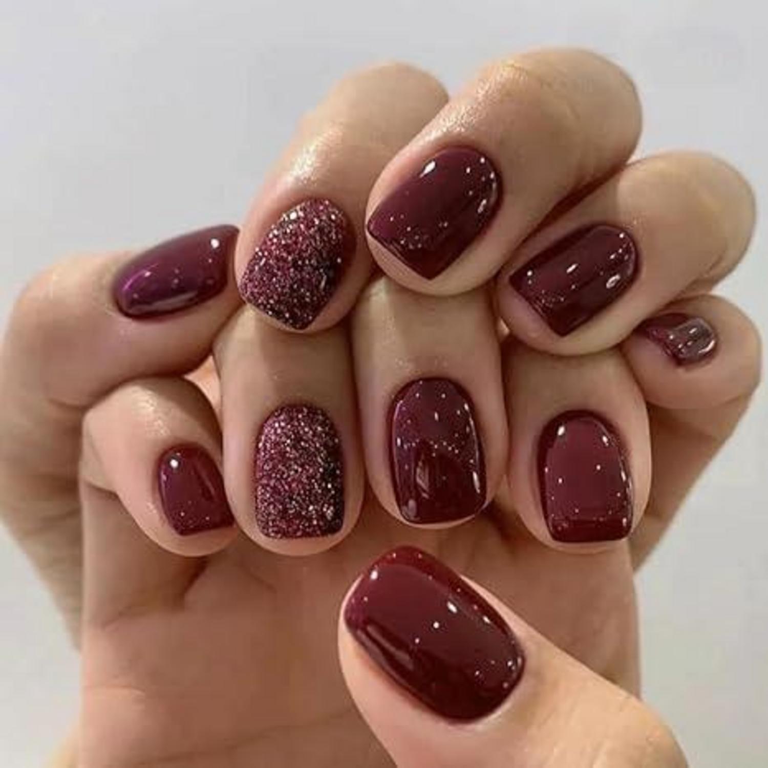 24 Stück Burgundy Einfarbig Nägel Zum Aufkleben Glitter Rot Eckig