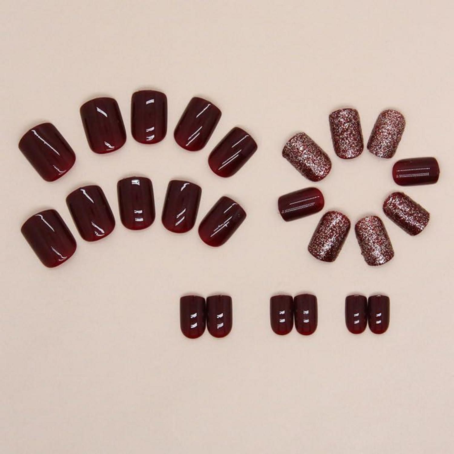 24er Set Burgundy Glitter Nägel Aufkleben Eckig Mittel