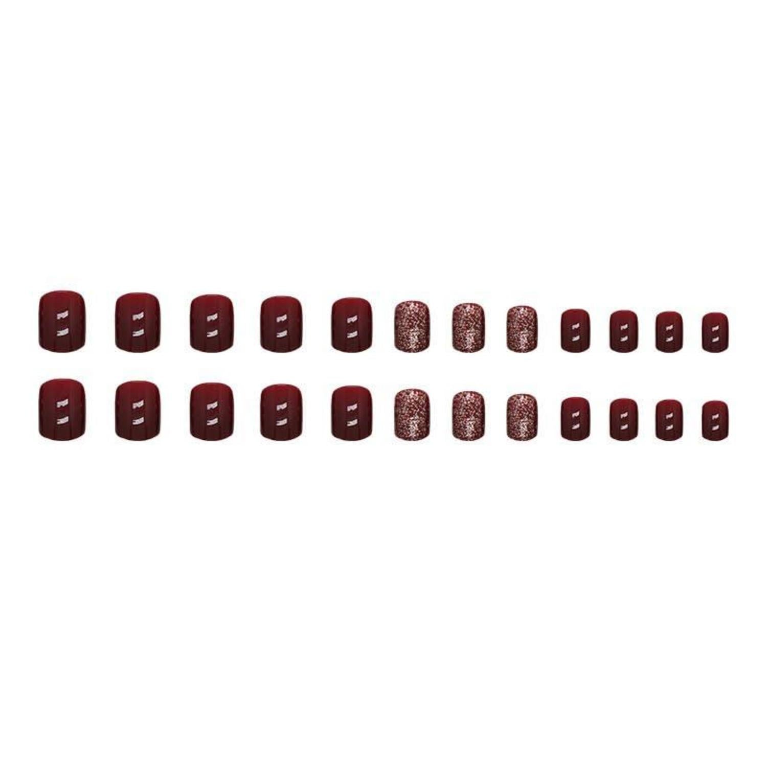 24 Stück Einfarbige Nägel in Burgundy Glitter Rot - Kurz & Eckig - Künstliche Nägel für Frauen