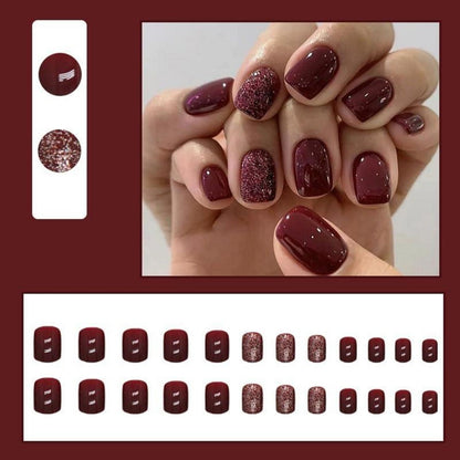 24 Stück Glitter Burgundy Einfarbige Nägel Aufkleben Kurz Mittel French Square