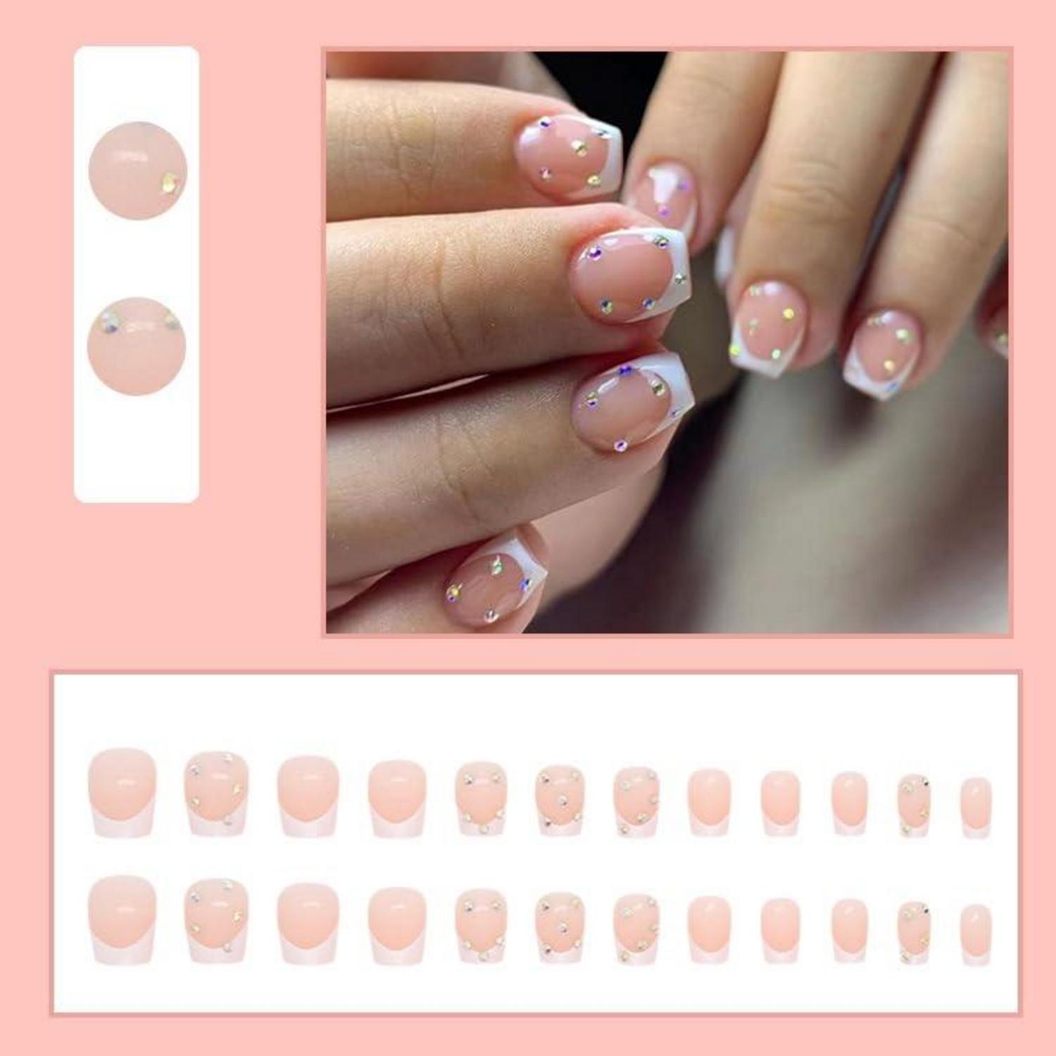 24 Stück Milchweiß Strass Pattern Press on Nails Eckig Künstliche Nägel
