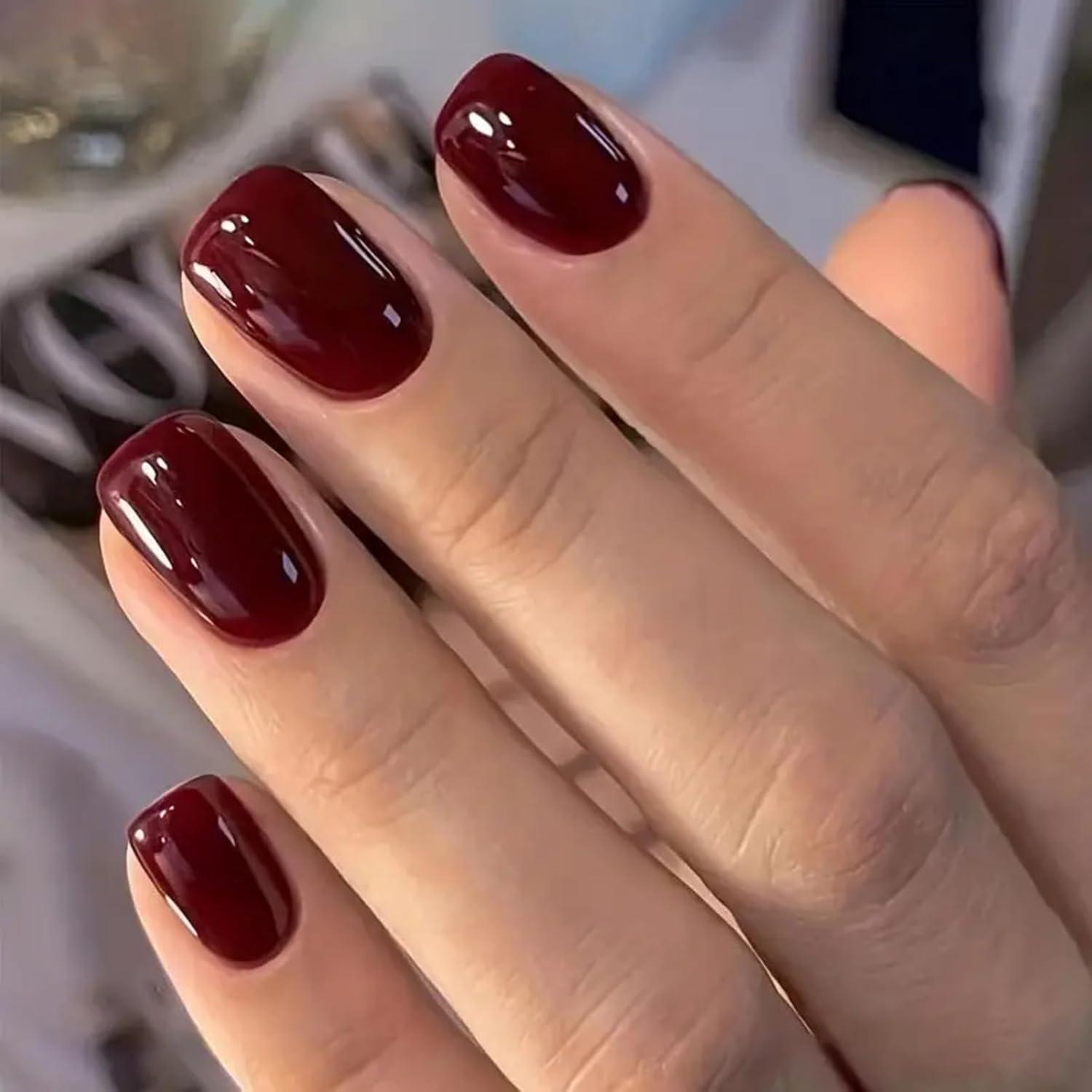 Burgundy Nägel Zum Aufkleben Kurz Weinrot Eckig Press on Nails Glossy